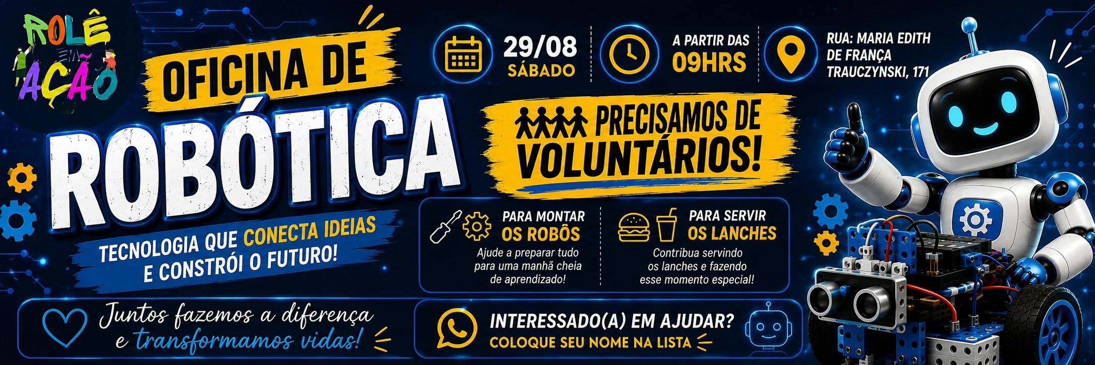 Banner horizontal da Oficina de Robótica do Rolê em Ação