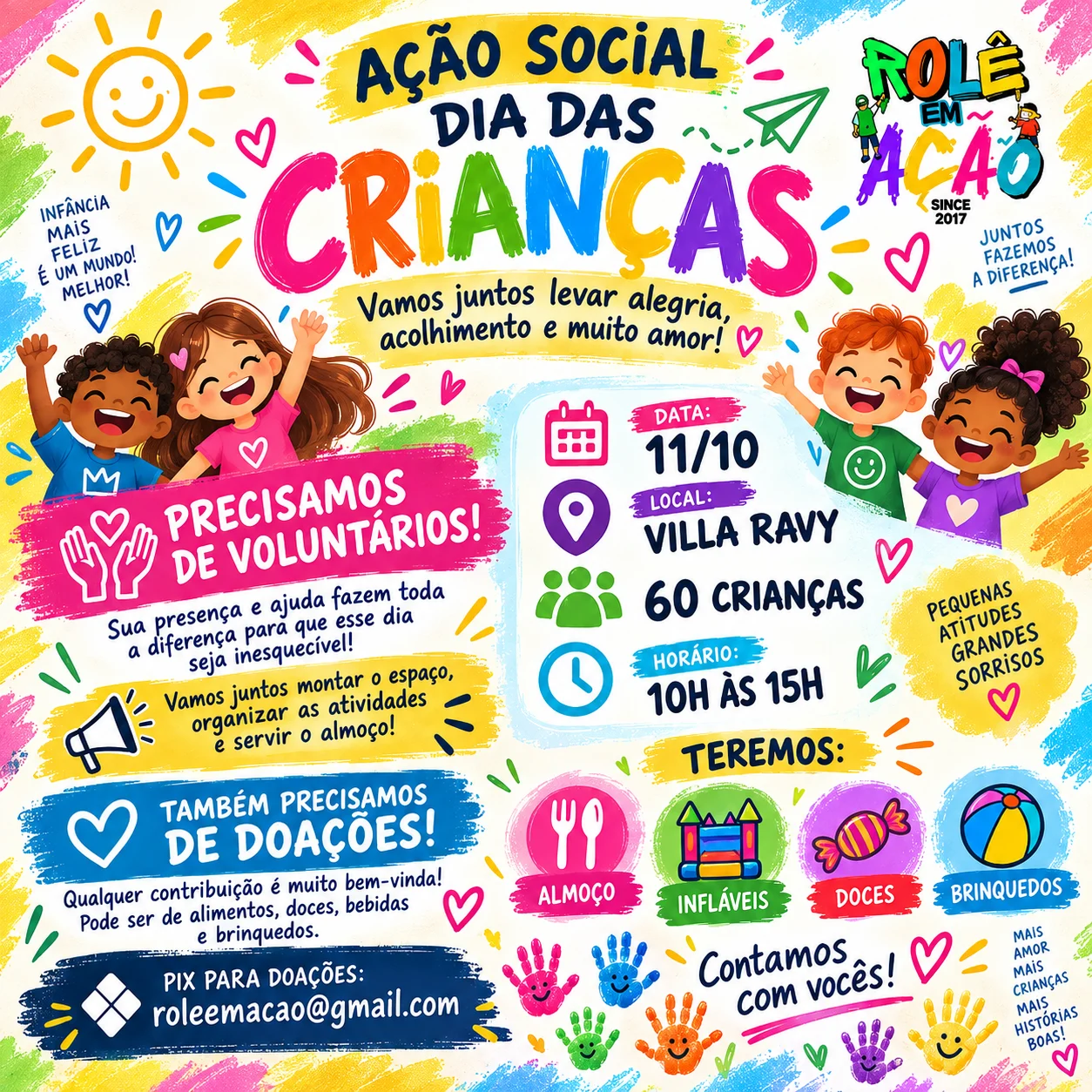 Banner da ação social Dia das Crianças 2026 do Rolê em Ação